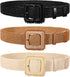 3 Pack Straw Woven Stretch Belt for Women,Raffia Elastic Belt for Dress Wide Boho Waist Belt with Square Buckle