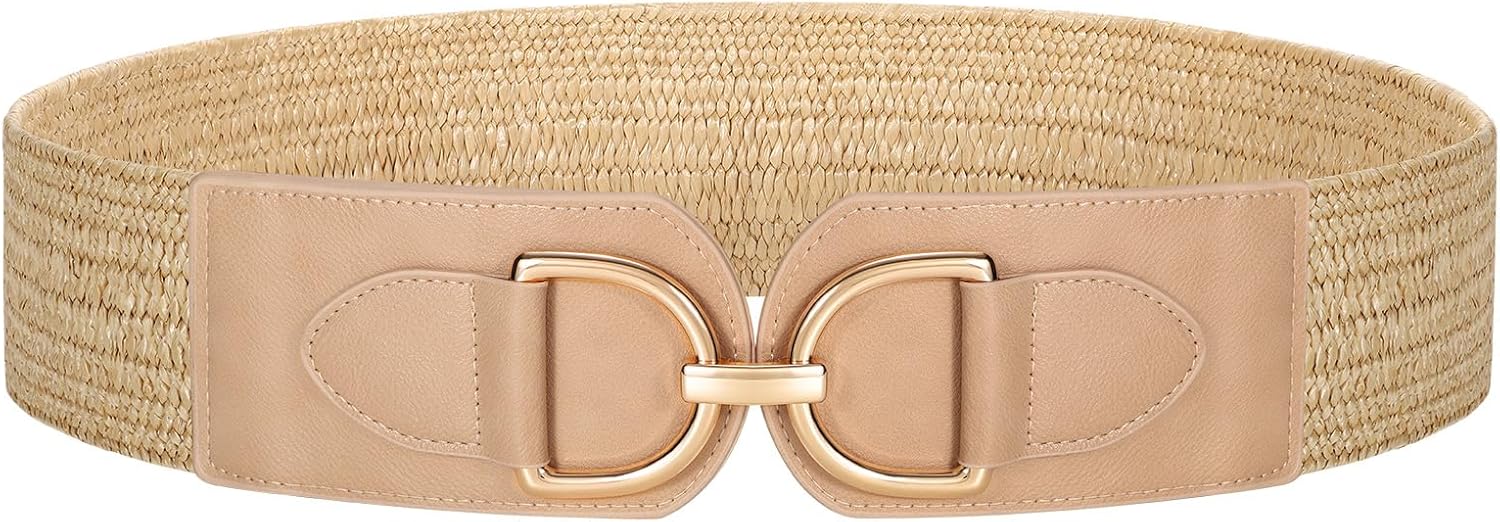 Straw Woven Elastic Belt for Women Wide Boho Braided stretchy Belt Rattan Waist Belt for Dress