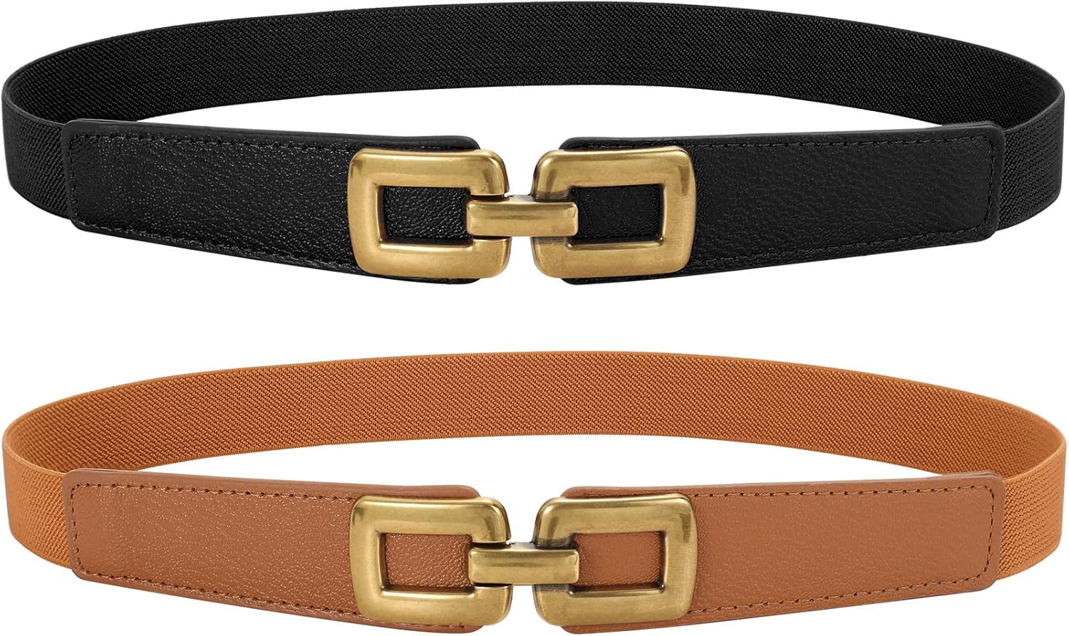 2 Pack Women Skinny Elastic Waist Belt for Dress Ladies Thin Stretch Belt with Gold Buckle