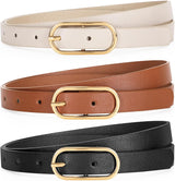 Women Skinny Leather Belt for Dress Pants Jeans Ladies Thin Waist Belts with Gold Buckle