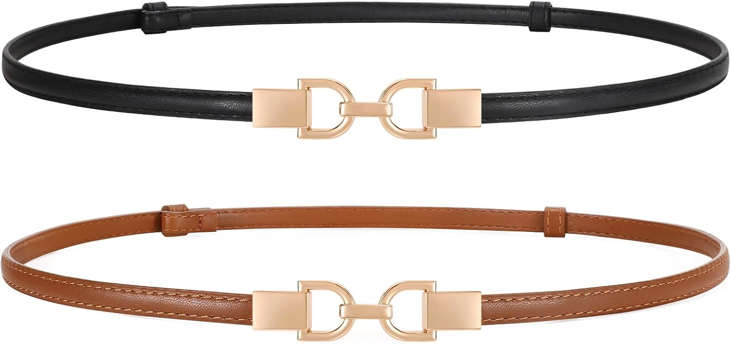2 Pack Skinny Leather Belts for Women Thin Waist Belts with Adjtable Gold Buckle for Dresses, Coats and Jeans
