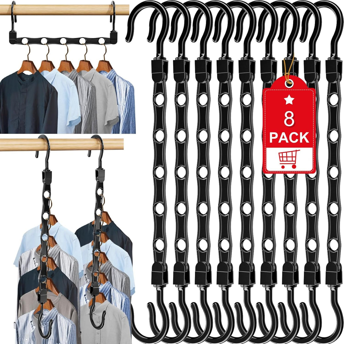 8 Pack Hangers Space Saving Magic Space Saver Storage Smart Plastic Clothes Hanger Organizer Closet Organizers and Storage for Closet Wardrobe Apartment College Dorm Room Essentials, Black