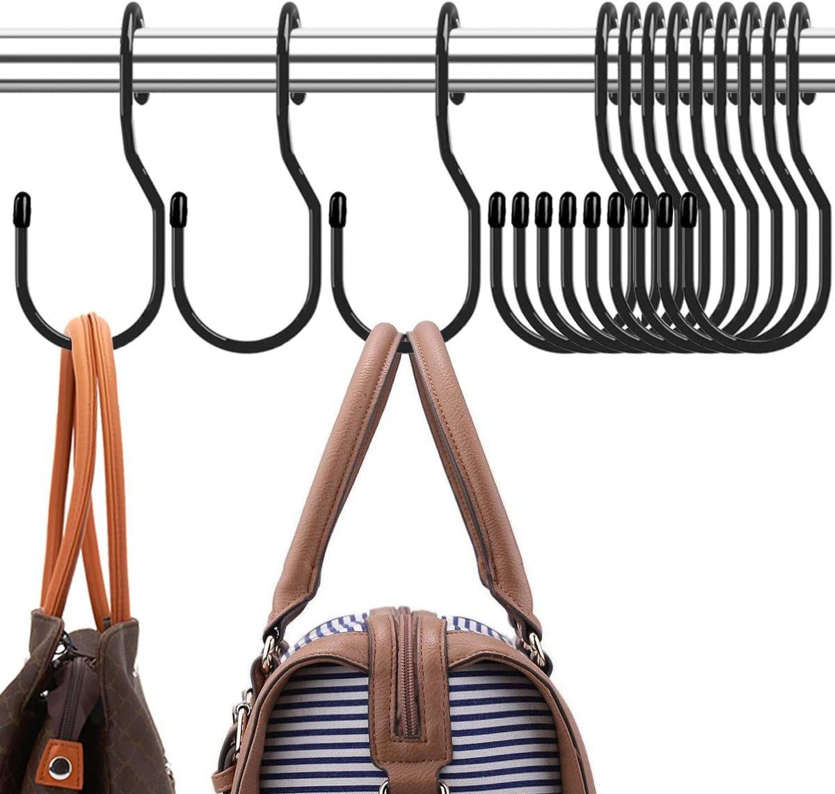 Purse Hanger for Closet, Unique Twist Design Bag Hanger Purse Hooks, 5 inch Large Size Closet Rod Hooks for Hanging Bags, Purses, Handbags, Belts, Scarves, Hats,Clothes, Pans and Pots (12 Pack Black)