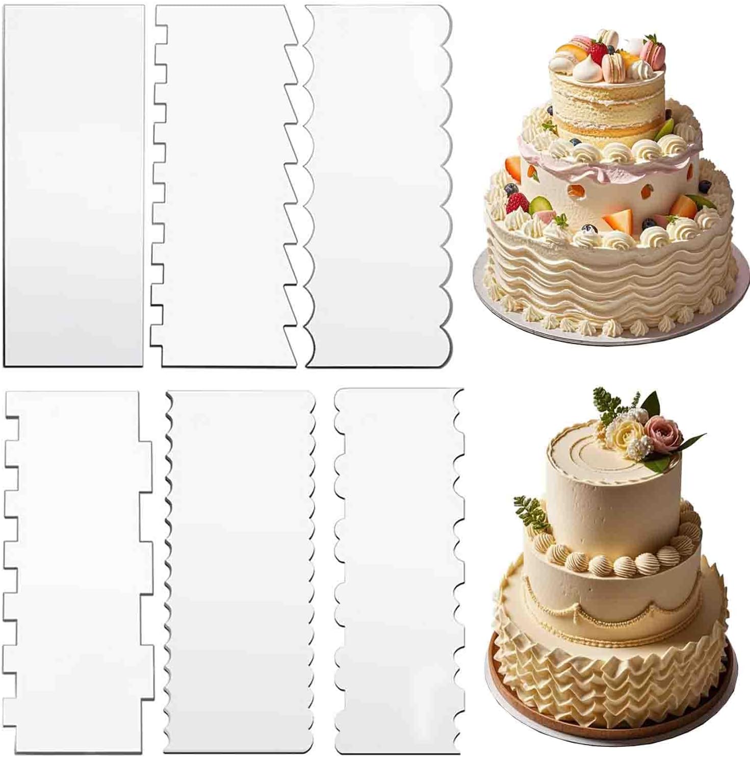 6-Piece Clear Acrylic Cake Decorating Scraper Set – Large Icing Smoothers and Edge Combs for Buttercream, Frosting, Mose, and Baking Projects