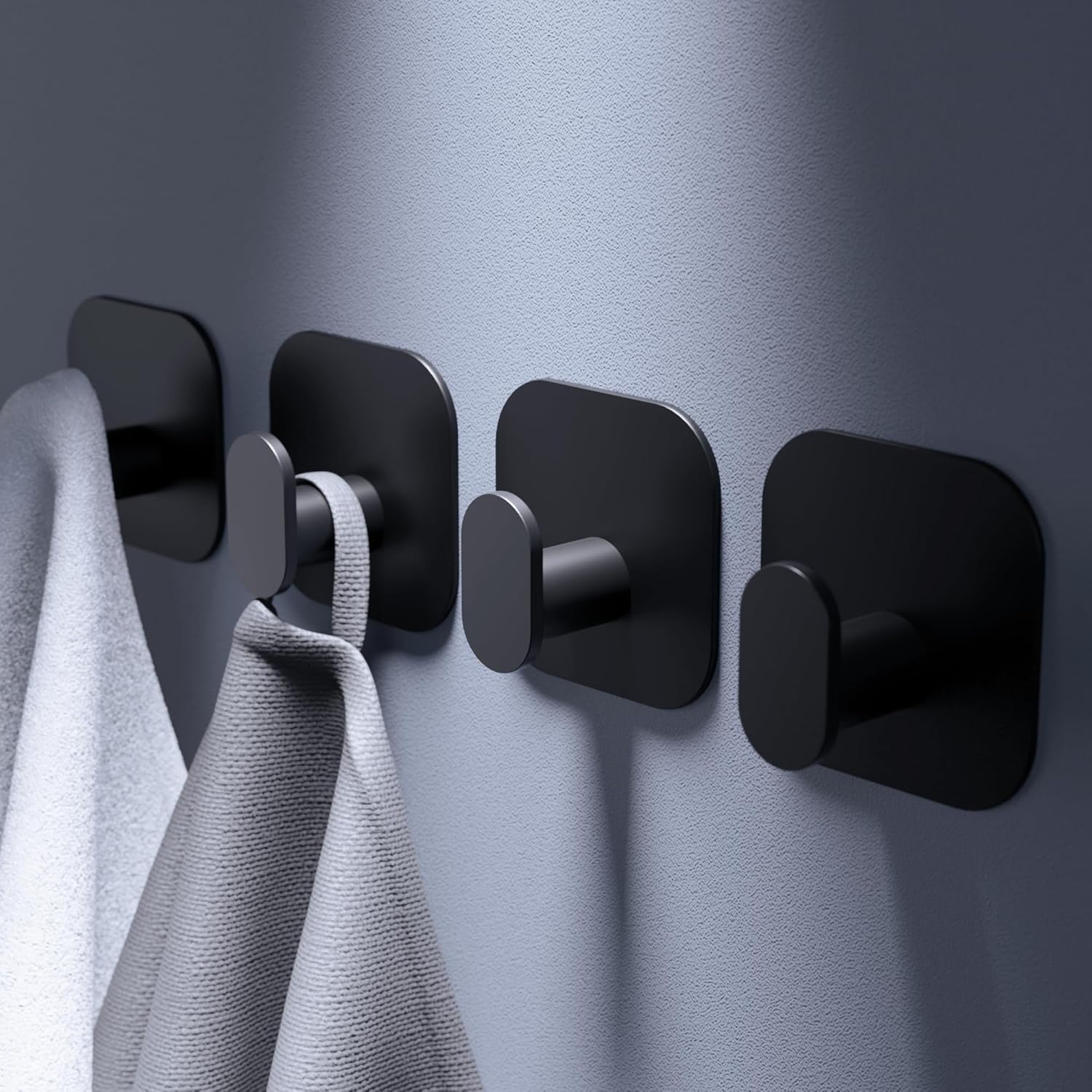 Self Adhesive Hooks - 4 Pack Heavy Duty Wall Hooks no Damage, Sticky Hook for Hanging Coat/Robe/Towel, Stick on Kitchen/Bathroom/Shower (Matte Black, Stainless Steel)