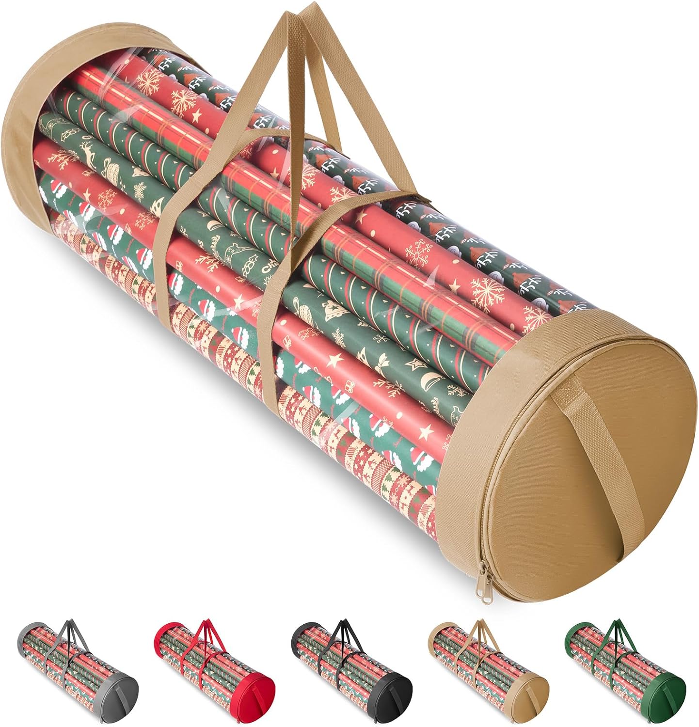 Christmas Wrapping Paper Organizer Storage, 41" Gift Wrapping Paper Storage Containers, Clear PVC with Durable 600D Oxford Fabric Gift Wrap Paper Holder Fits 18-25 Rolls, Golden