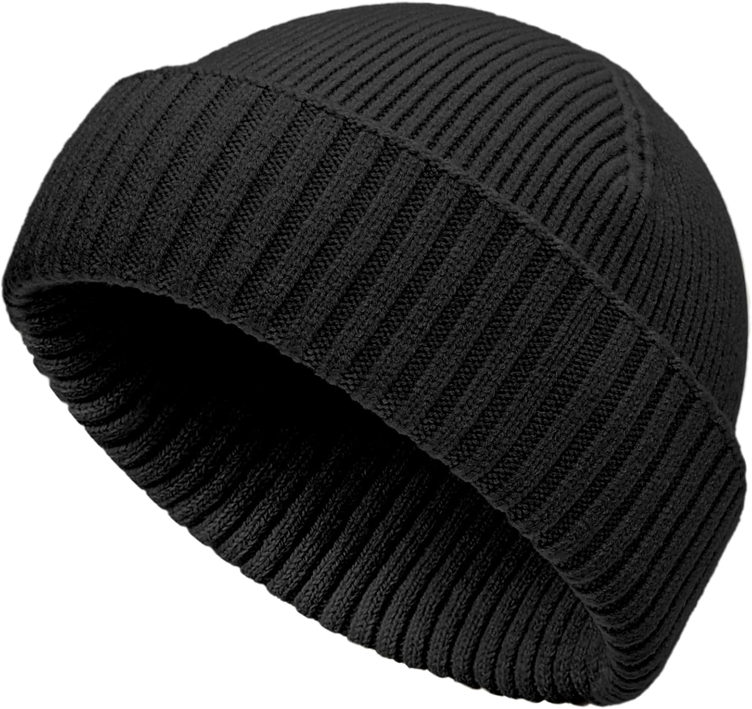 50% Wool Double Cuff Knit Beanie Hat for Men Women, Short Fisherman/Slouchy Warm Winter Skull Cap Trawler Watch Cap