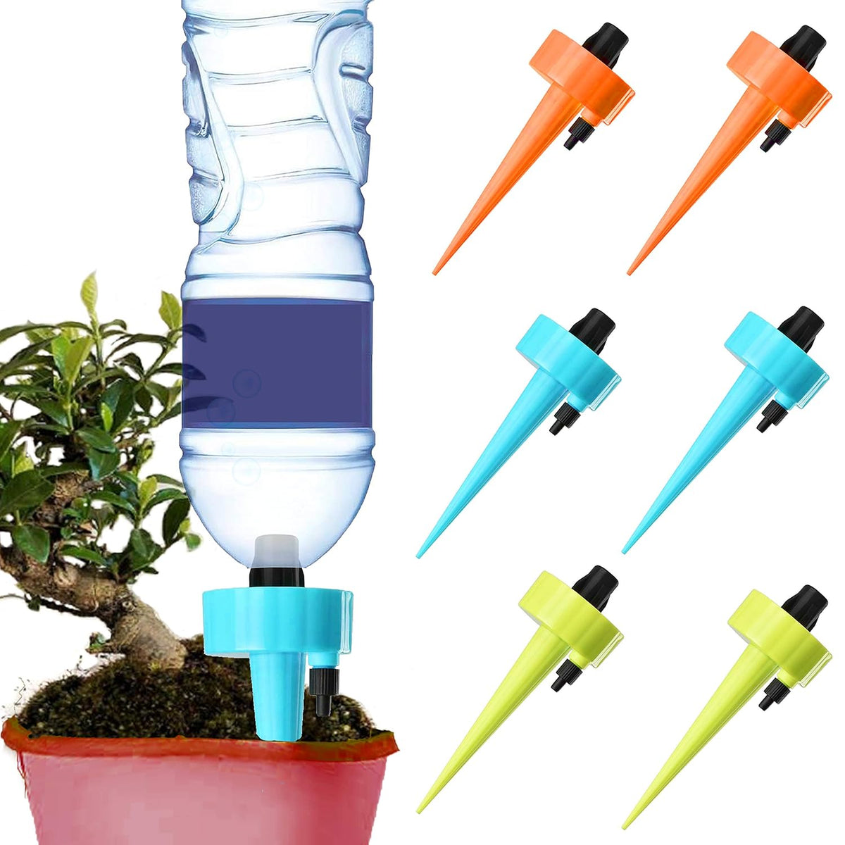 Plant Self Watering Spikes Automatic Irrigation Equipment Adjtable Self Watering Spikes for Plants with Slow Release Control Valve (Orange Blue Green, 6pcs)