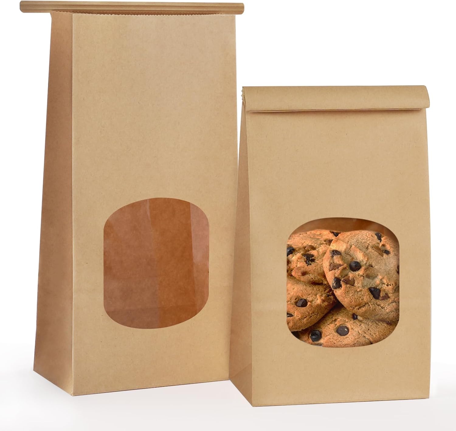 50 Pack Bakery Bags with Window, 3.9x2.3x8 Inches Tin Tie Tab Paper Cookie Bags Brown Small Gift Bag for Packaging Popcorn, Trail Mix, Treats, Snacks, Baked Goods, Party Favors | Grease Resistant, Resealable