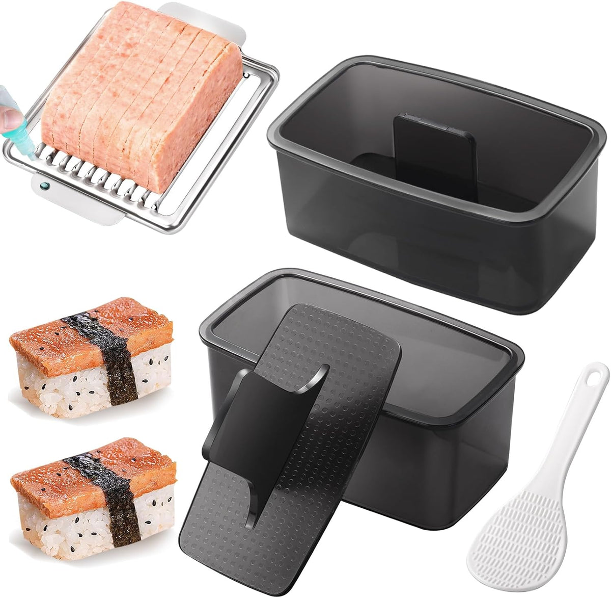 Mubi Press Mold Kit, 2 Pack Clear Mubi Maker with Stainless Steel 304 Luncheon Meat Slicer for SPAM