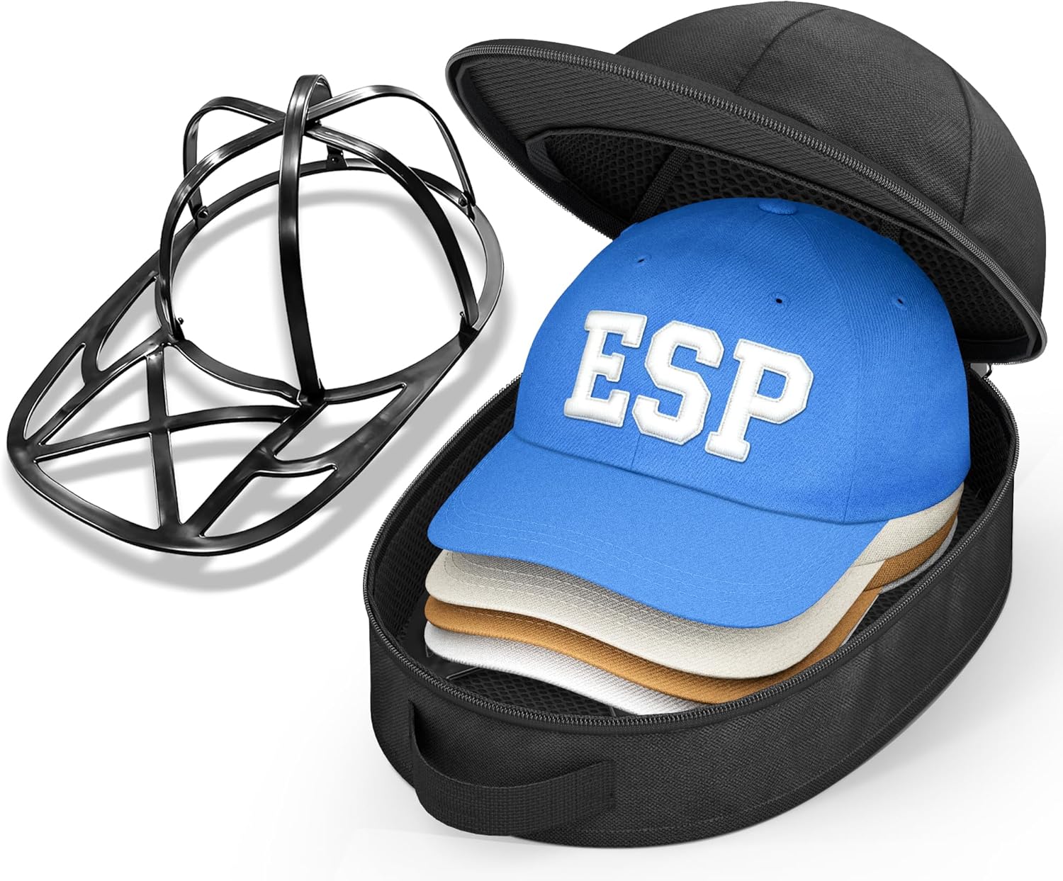 Hat Travel Case for Baseball Caps, Cap Carrier with Plastic Holder & Carrying Handle, Holds up to 6 Caps Hat Bag for Luggage, Suitcase (Black)