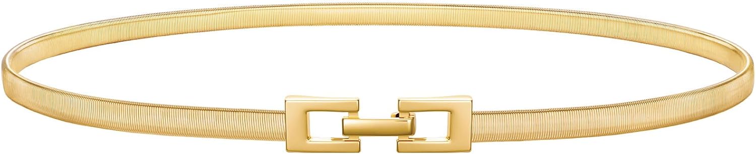 Women's Skinny Metal Cinch Belt for Dress Stretch Thin Waist Belt Gold/Sliver Elastic Belts