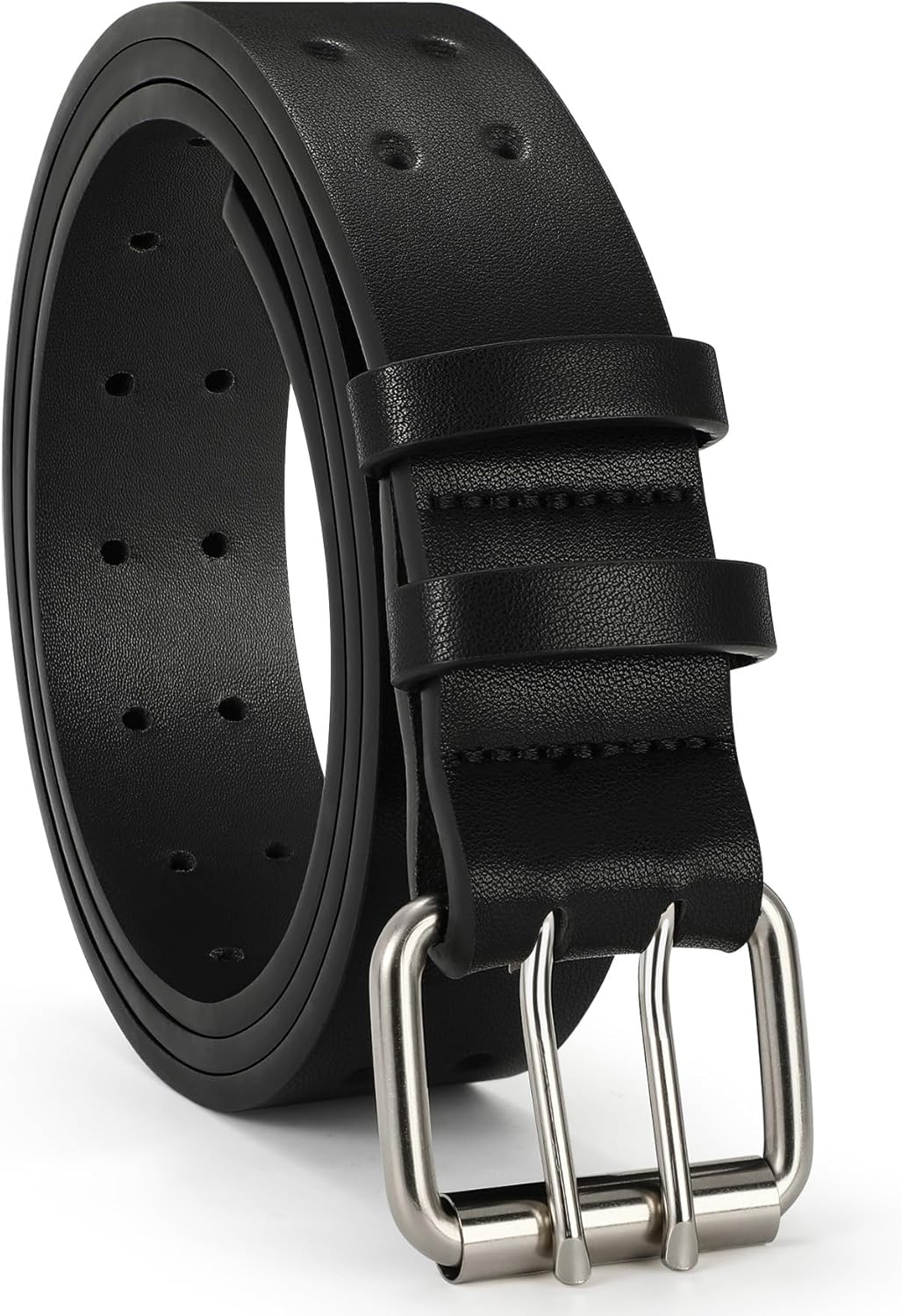 Mens Leather Double Prong Belt Work Casual Belts for Men Black Belt with Heavy Duty Dual Holes for Jeans