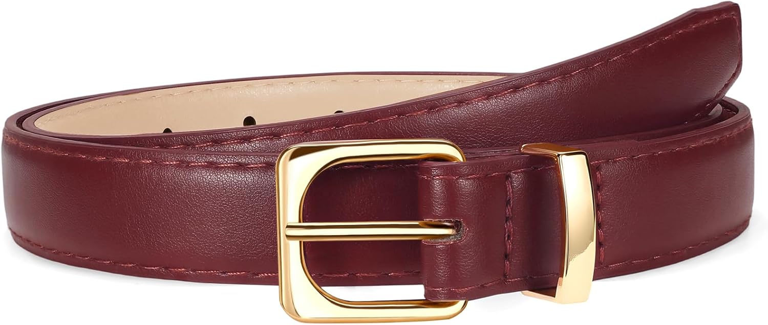 Womens Thin Leather Belt for Jeans Pants Dress Fashion Skinny Belt with Gold Buckle for Women