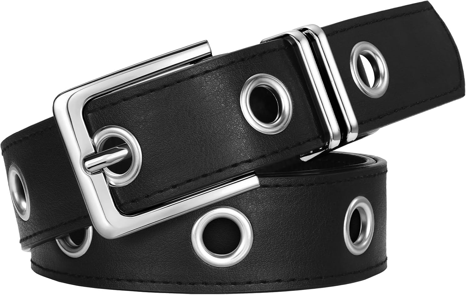 Grommet Leather Belt for Women Men, Black Punk Goth Belt for Women Jeans