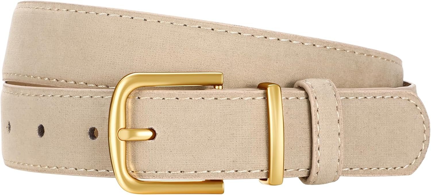 Women Suede Leather Belt for Jeans Dress with Fashion Gold Buckle Ladies Waist Belts