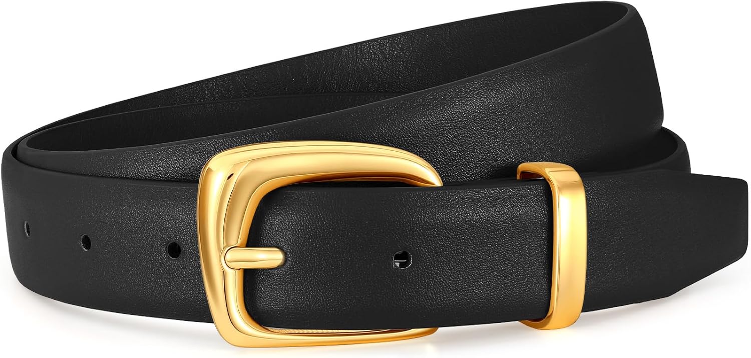 Womens Leather Belt for Jeans Dresses Waist Belt for Women Fashion Retro Gold Buckle Ladies Belts