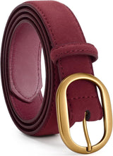Womens Suede Belt for Jeans Dresses Burgundy Ladies Leather Waist Belts with Vintage Gold Buckle, M