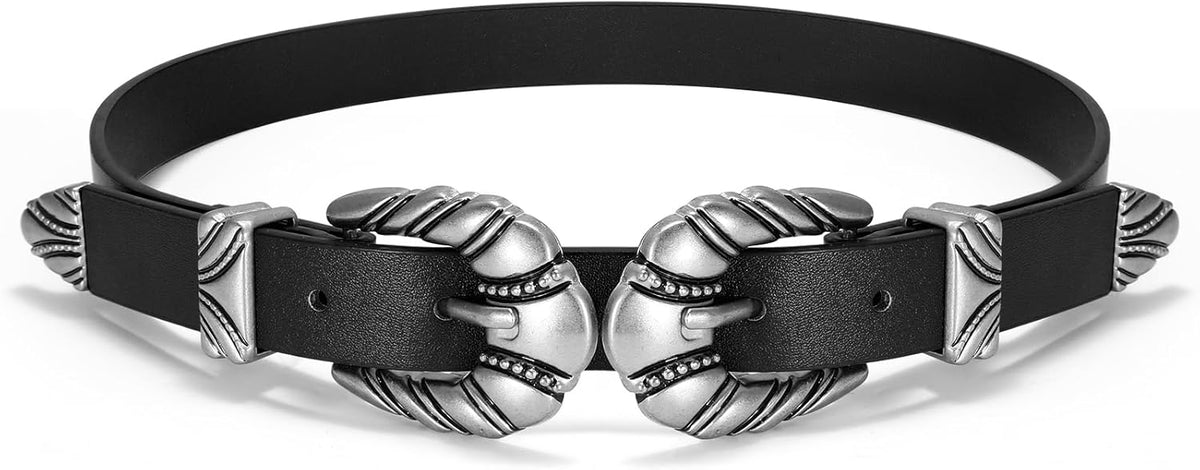 Western Leather Belts for Women Jeans Dress Cowgirl Thin Ladies Belt with Double Sliver Buckle