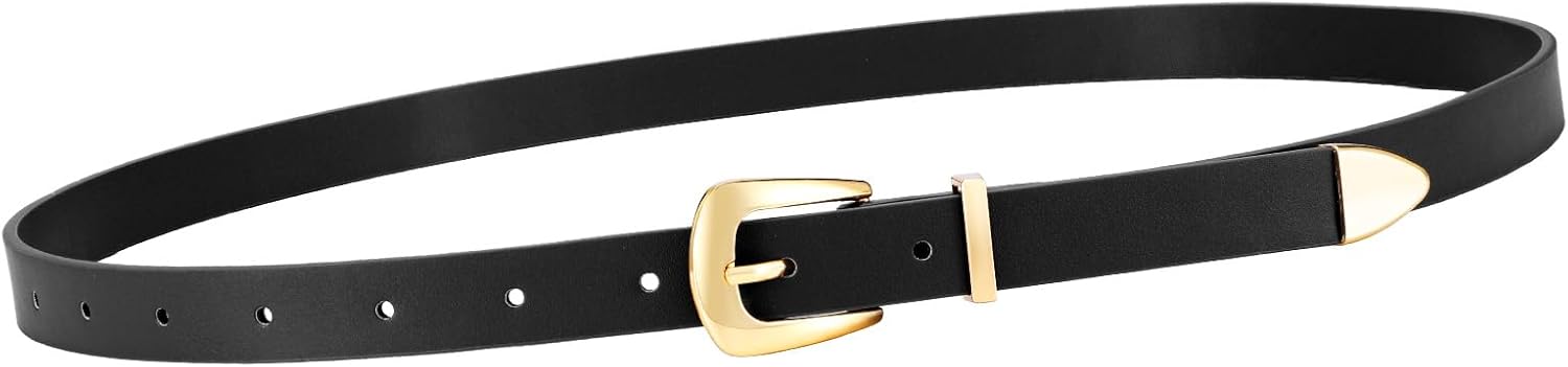 Women Skinny Leather Belt for Jeans Dress Black Thin Waist Belt Ladies Belt with Gold Buckle, M