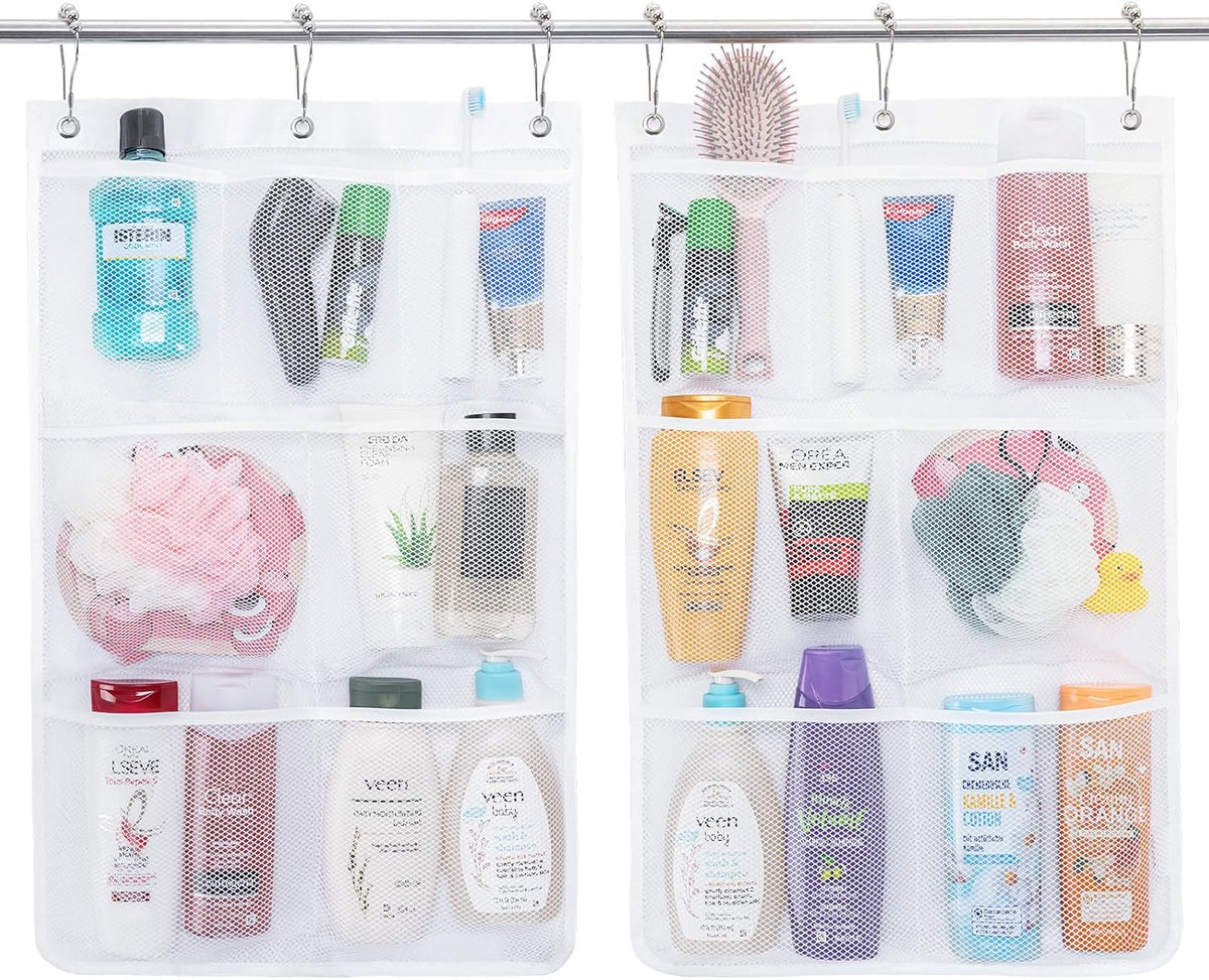 Cruise Essentials Shower Caddy Mt-Have, 7 Pockets Hanging Bathroom Organizer with Quick-Dry Mesh, Portable Shower Bag to Storage Soap, Shampoo, for RVing, Travel, Camping, White, 2 Packs