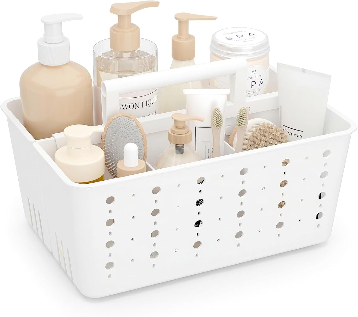 Shower Caddy Portable, Cleaning Supplies Caddy Organizer with Handle and Adjtable Dividers, Plastic Shower Basket for Dorm Room Essentials, College, Bathroom, White, 1 Pack