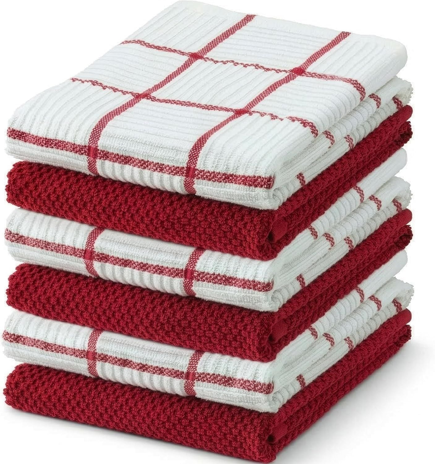 6 Pack Large Kitchen Towels, 16x27 inch Absorbent Dishcloths, 100% Cotton Cleaning Cloth, Red Set (Pack of 6)