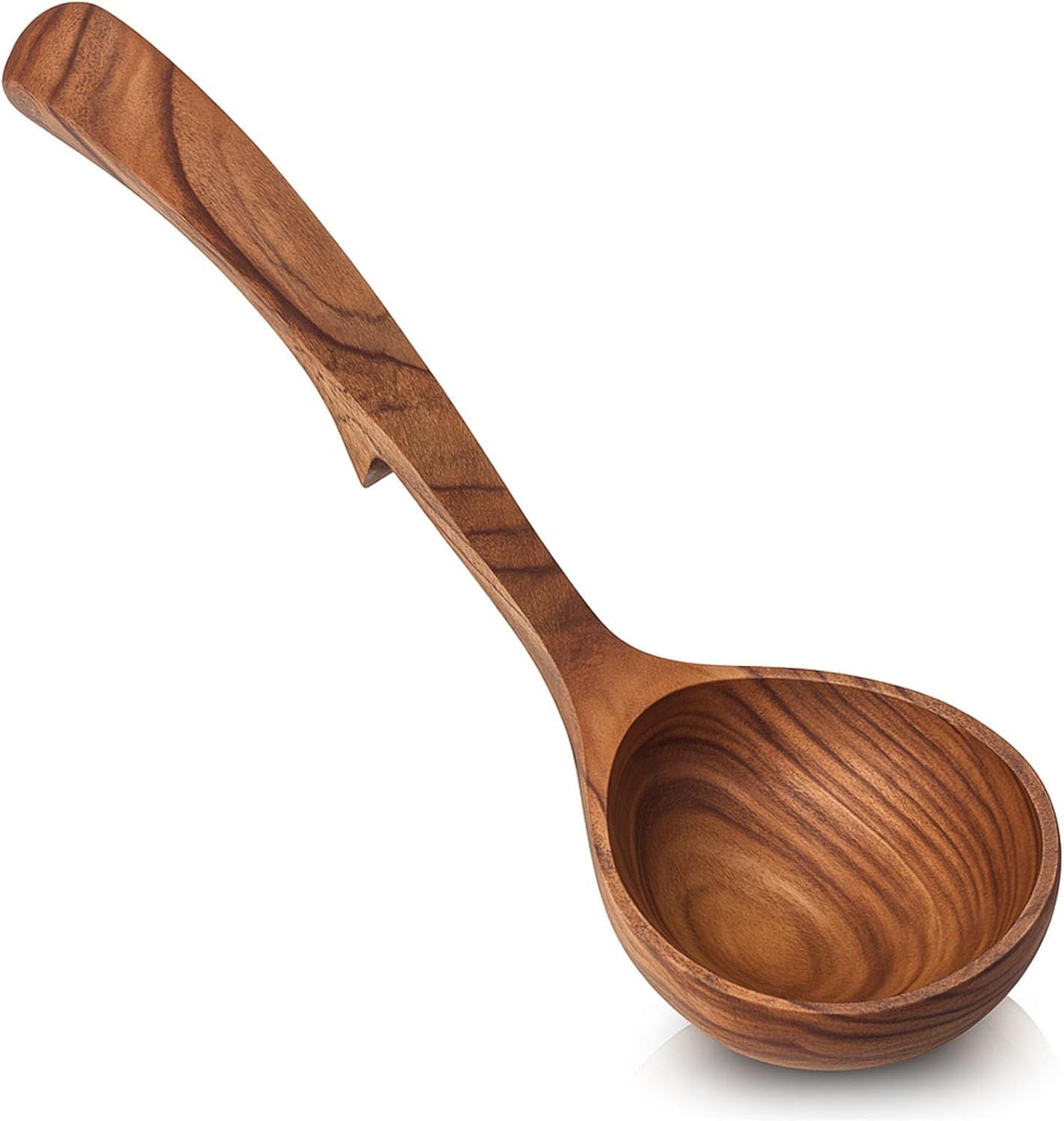 Wooden Ladle for Cooking, Wooden Soup Spoons, Natural Teak Wood Serving Spoon, 9'' Long Handle Scooper for Stirring Gravy Sauce Porridge, House Warming Gifts New Home