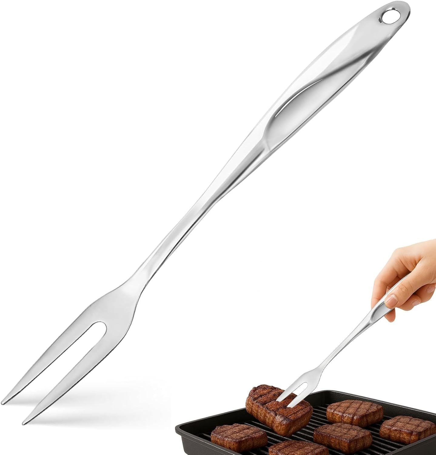 14.6" Stainless Steel Carving Fork for Meat, 2-Prong Serving & Grilling Fork with Hanging Hole, Hollow Handle for Better Heat Reduction, Kitchen Utensil for Cooking & Serving