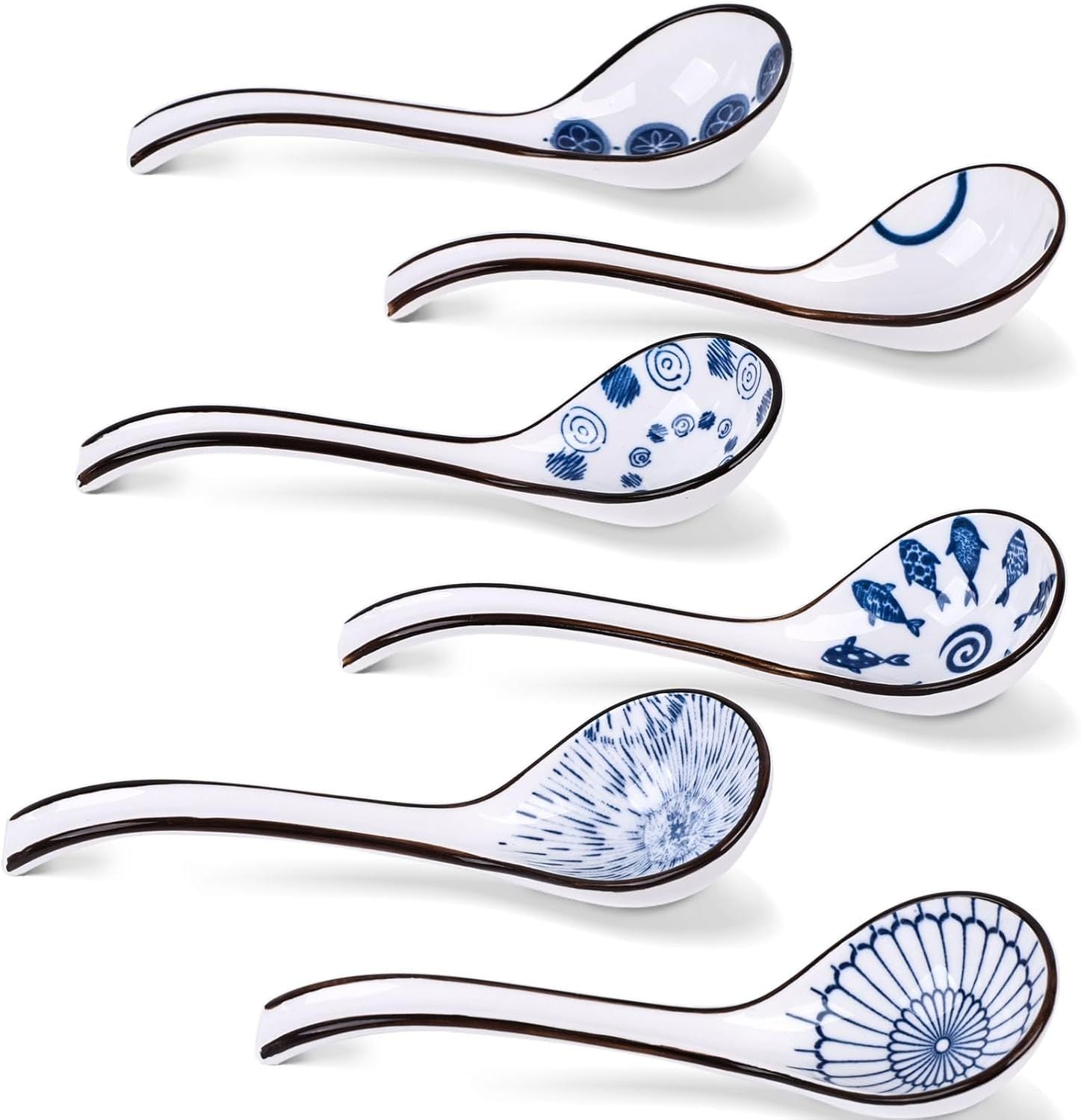 Asian Soup Spoon, 6 PCS Ceramic Soup Spoons for Ramen, Pho, Wonton, Miso, Dumplings, Rice, Noodle, Elegant Gifts for Friends Parents Family, with Long Handle, Easy to Hold, Non-slip Bottom
