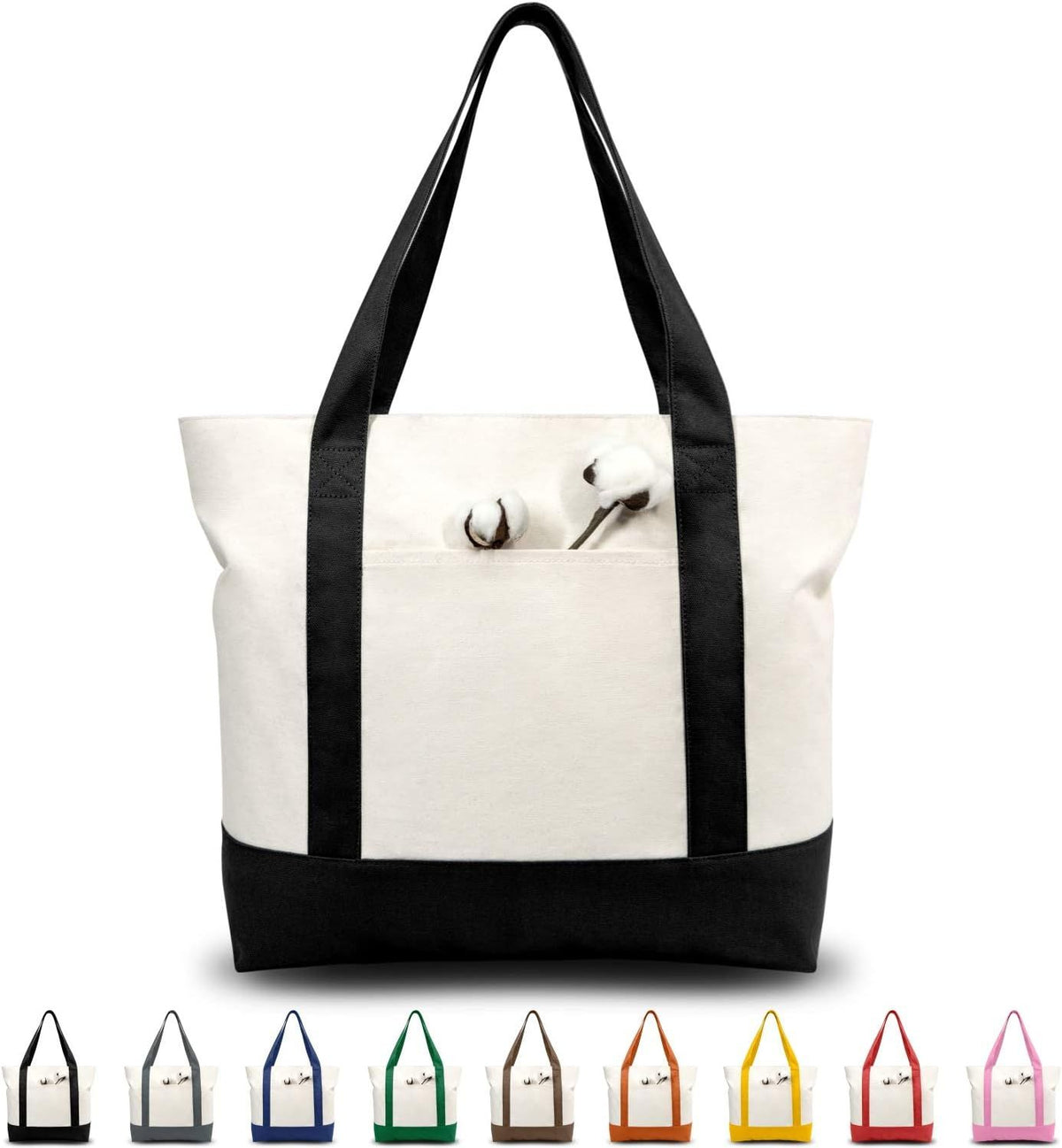 1 | 3 | 6 | 30 Pack Canvas Tote Bag with an External Pocket, Reusable Grocery Shopping Bag, Top Zipper Closure, Daily Essentials (Black/Natural Pack of 1)