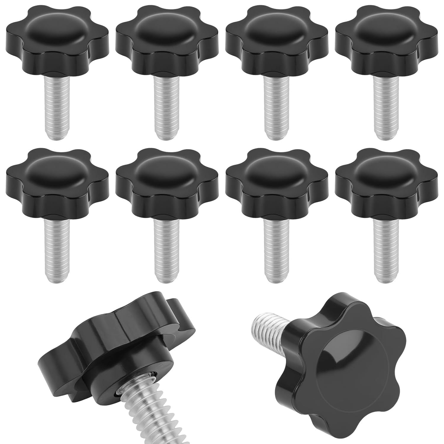 10PCS 1/4-20 Black Star Knobs, Threaded Knurled Thumb Nuts for Mechanical Instrument, Grip Knob Screw/Star Hand Knob for Umbrella Base Replacement, Female Threaded Hexagon Head Thru Knob