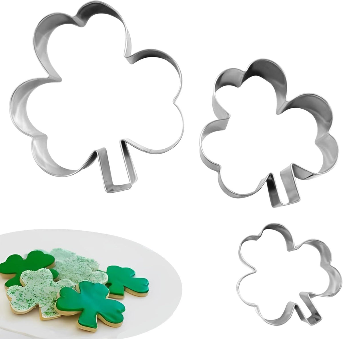 3Pcs St. Patrick’s Day Shamrock Cookie Cutter Set, Metal Clover Cookie Cutter Set for Baking, Stainless Steel Biscuit Cutters for Irish Holiday Party Supplies