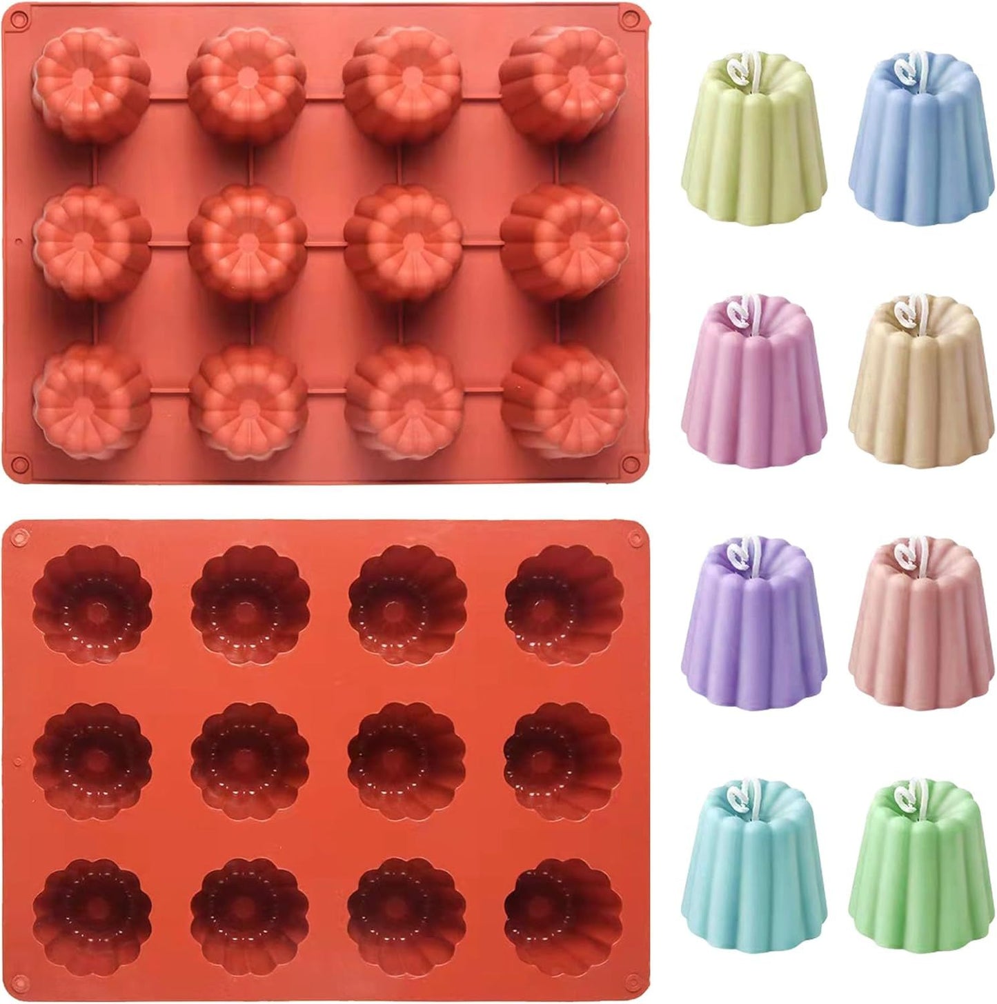 Canele Molds Canele Mold Silicone,12-Cavity Non-Stick Canele Mold Baking Cake Pan for Bread Muffin Candle Ice Cream Jelly Pudding Soap Making, Red