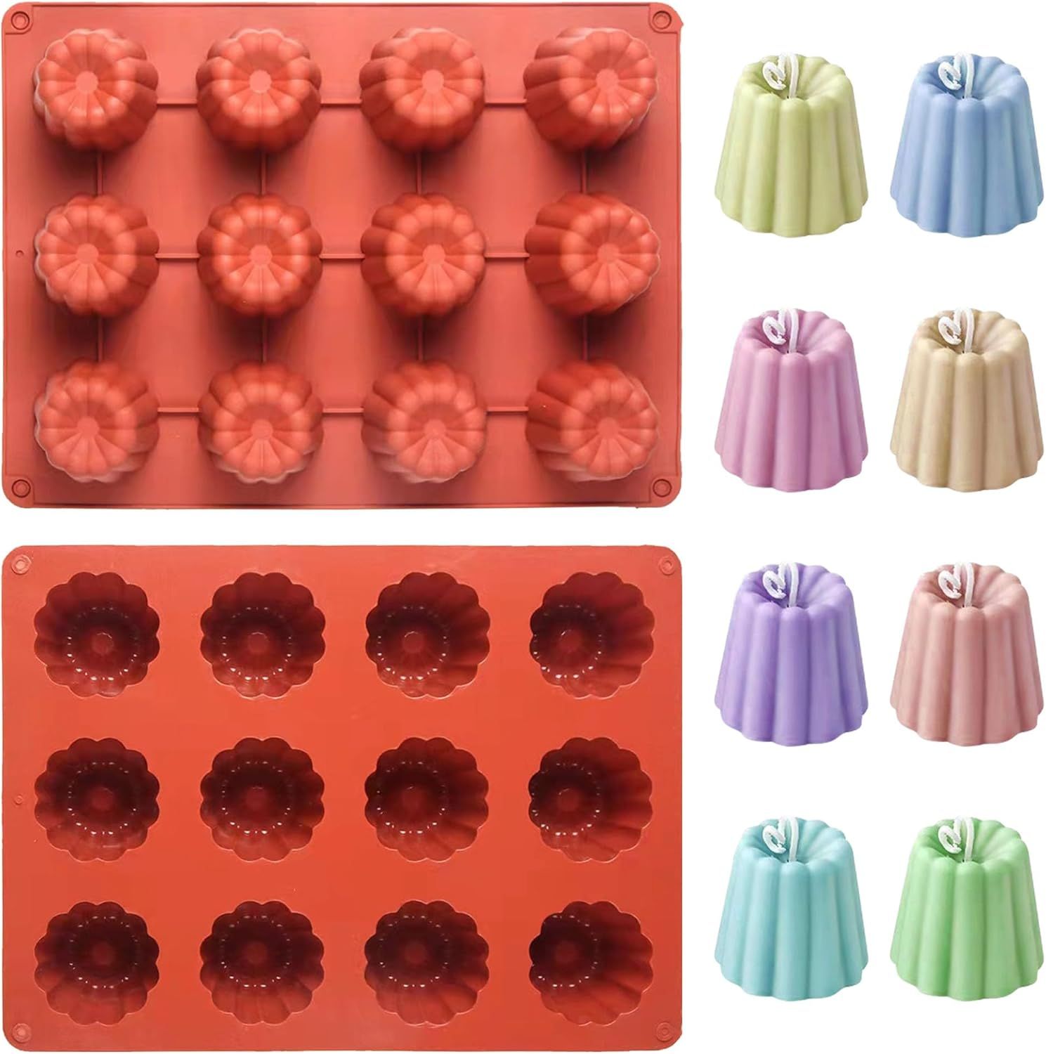 Canele Molds Canele Mold Silicone,12-Cavity Non-Stick Canele Mold Baking Cake Pan for Bread Muffin Candle Ice Cream Jelly Pudding Soap Making, Red