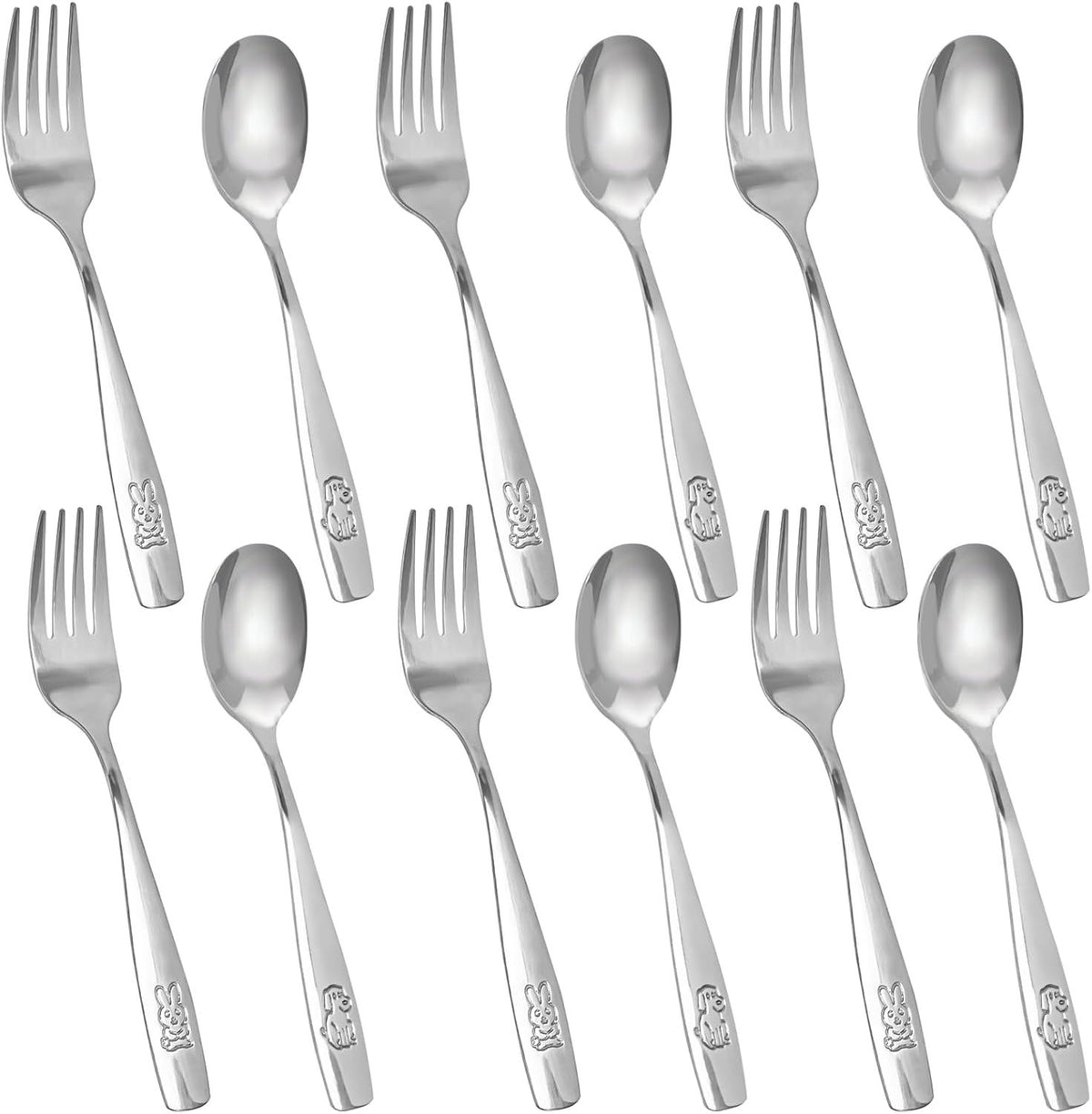 12PCS Toddler Utensils, Stainless Steel Kids Silverware, Safe Toddler Forks and Spoons, Mirror Polished, Dishwasher Safe, with Bunny & Puppy Motifs, Fun Stocking Stuffers for Kids