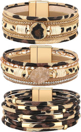 3 Pcs Western Bracelet for Women Leather Multi Layer Wrap Bracelet Western Boho Crystal Beads Cuff Jewelry