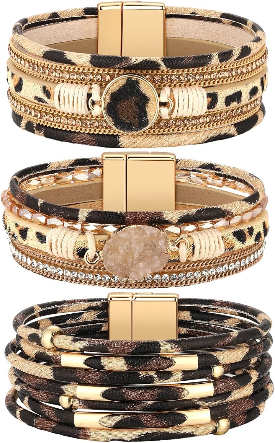 3 Pcs Western Bracelet for Women Leather Multi Layer Wrap Bracelet Western Boho Crystal Beads Cuff Jewelry