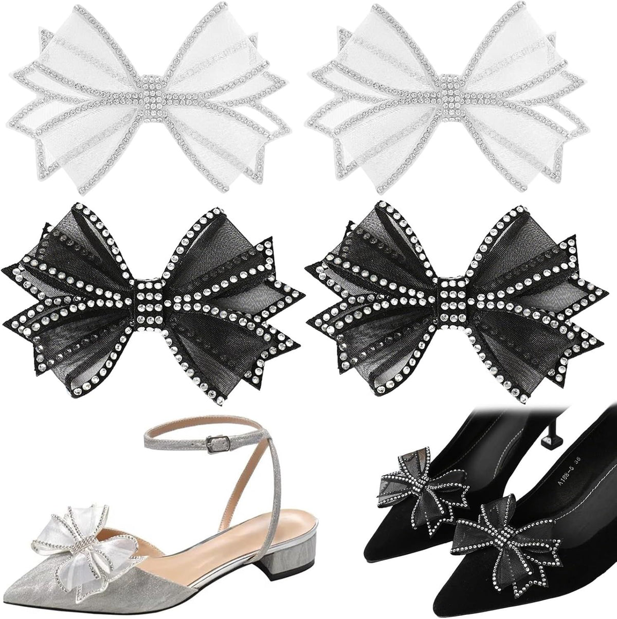 2 Pairs Bow Shoe Clips for Women Dress Shoes Mesh Bow Rhinestone Shoe Clip Detachable Classic Fashion Sparkling Bow Heels Shoe Charms Bridal Wedding Party Crystal Shoe Buckles