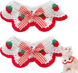 2 Pcs Cat Knitted Collar Cute Strawberry Pattern Scarf Adjustable Kitten Bib Bow with Soft Ruffled Edges Pet Accessories (Red,Medium)