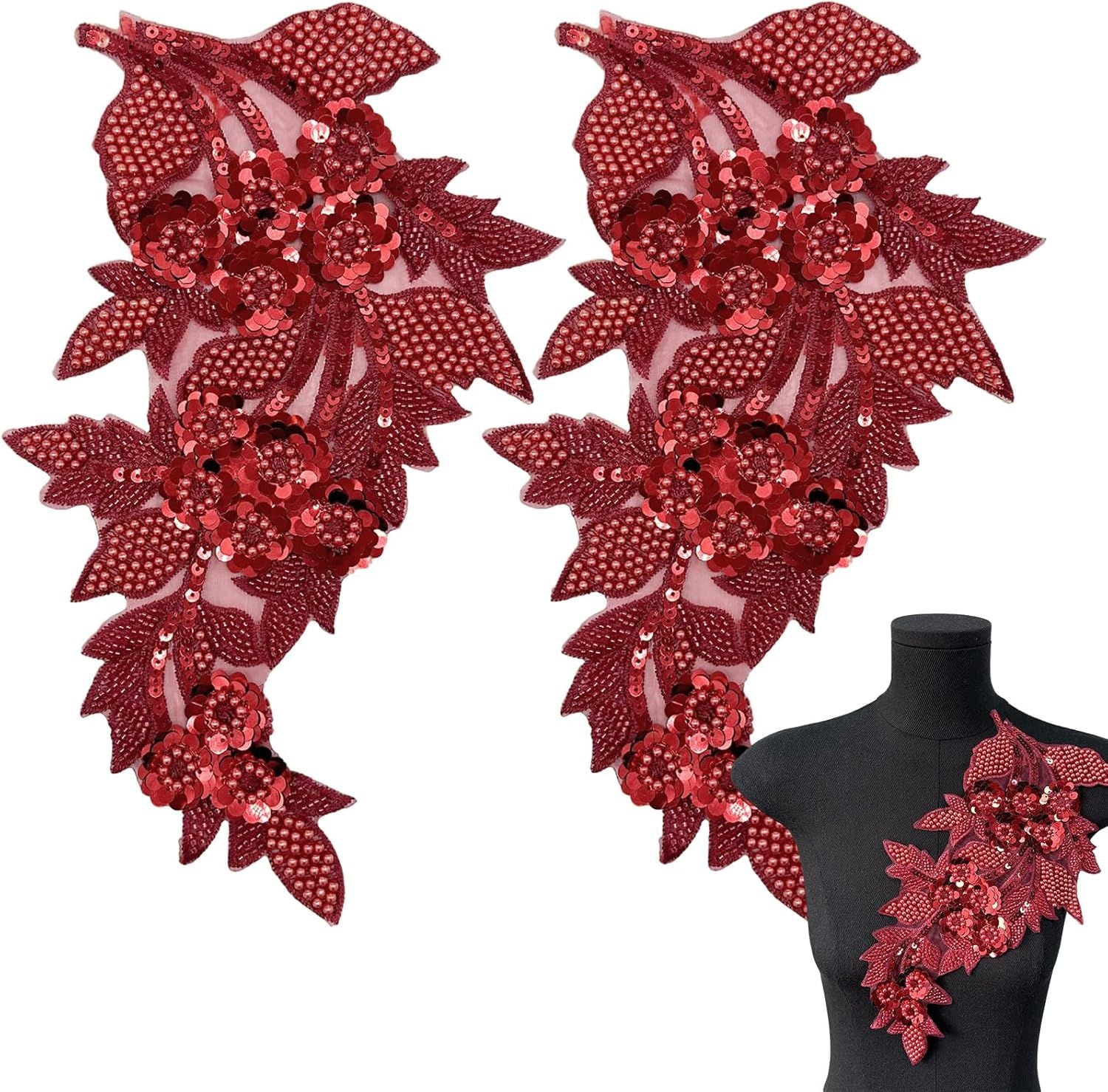 2 PCS Large 3D Beaded Embroidery Sequin Lace Applique Pearl Lace Applique Patches for Clothes, DIY Patches Accessory for Wedding Dresses，Neckline Bodice Pants DIY Crafts