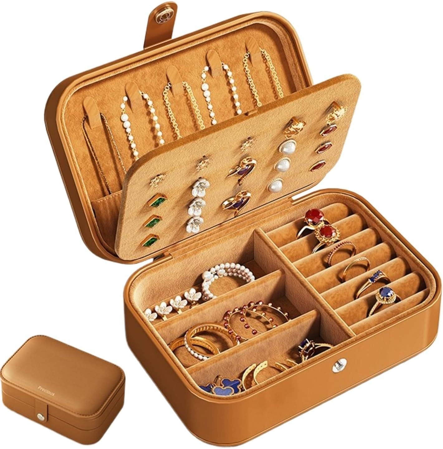 Travel Jewelry Box with 3 Layers for Earrings Studs Rings Necklaces, Portable Compact Jewelry Organizer Storage Case (Brown)