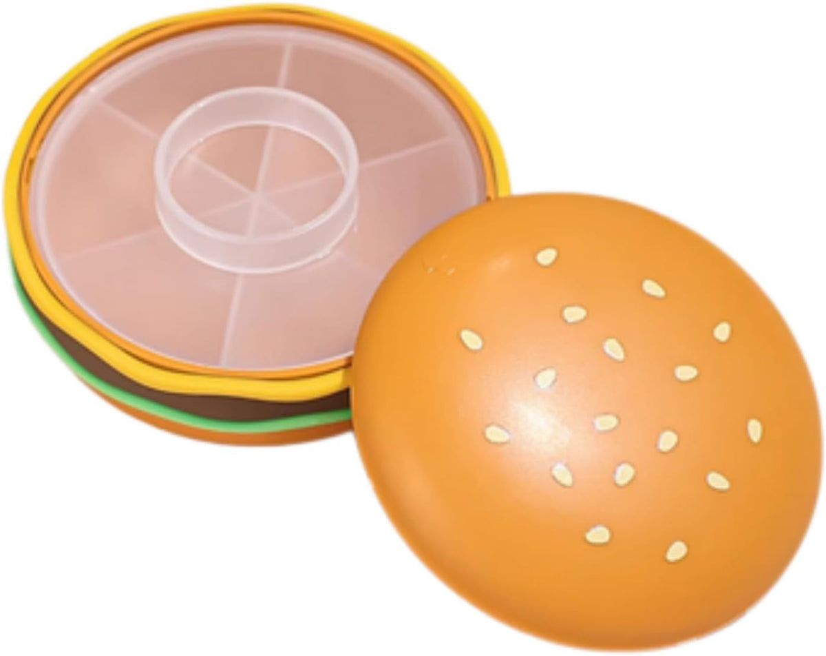 Hamburger Shaped Pill Case, Portable 6 Compartment Mini Pill Organizer with Sealable Lids for Medicine Vitamin Storage (Hamburger Pill Box [6-Grid])