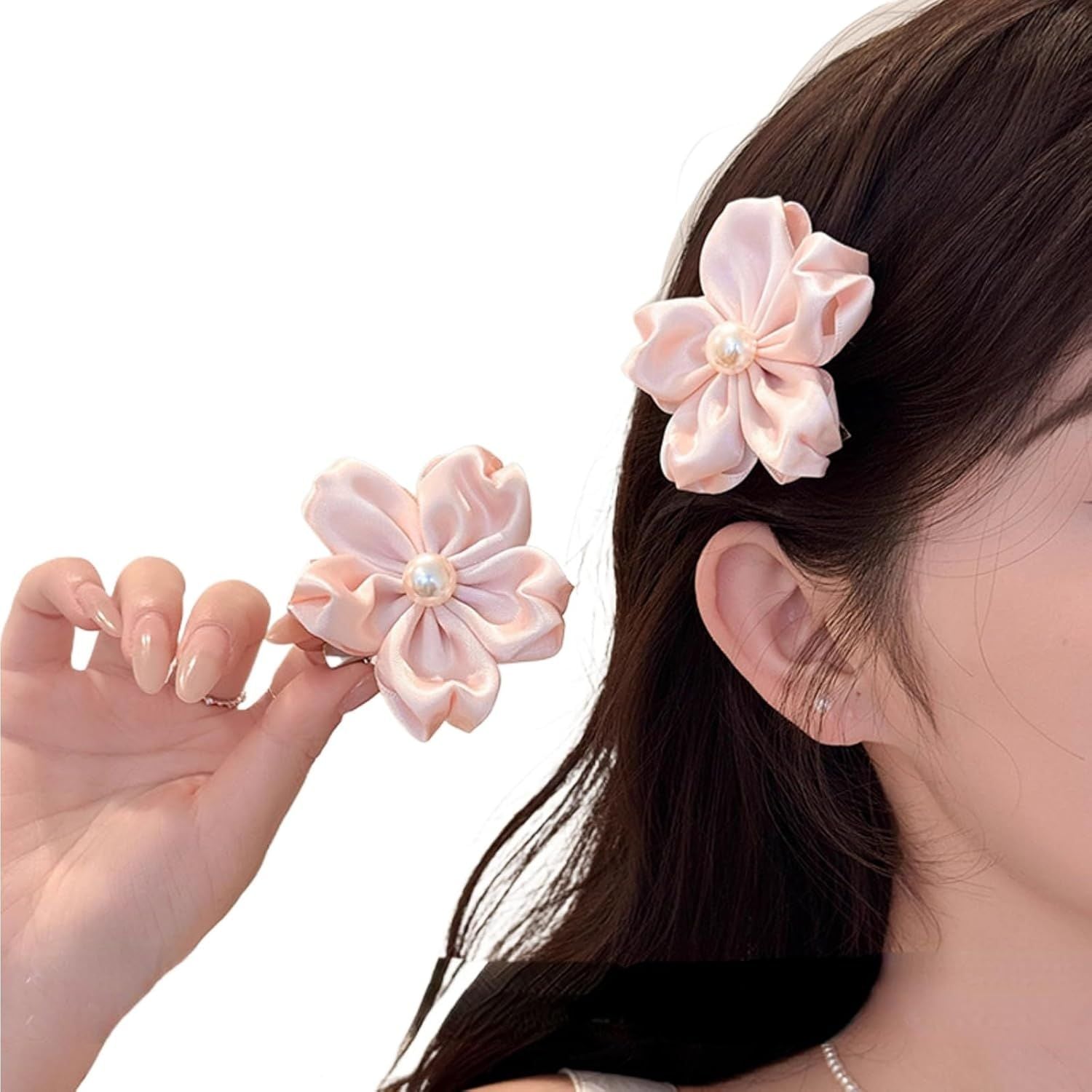 2 Pack Pink Sakura Hair Clips With Pearls for Girls Front Side Bangs, Fringe Duckbill Hair Clips Headwear Accessories (Sakura)