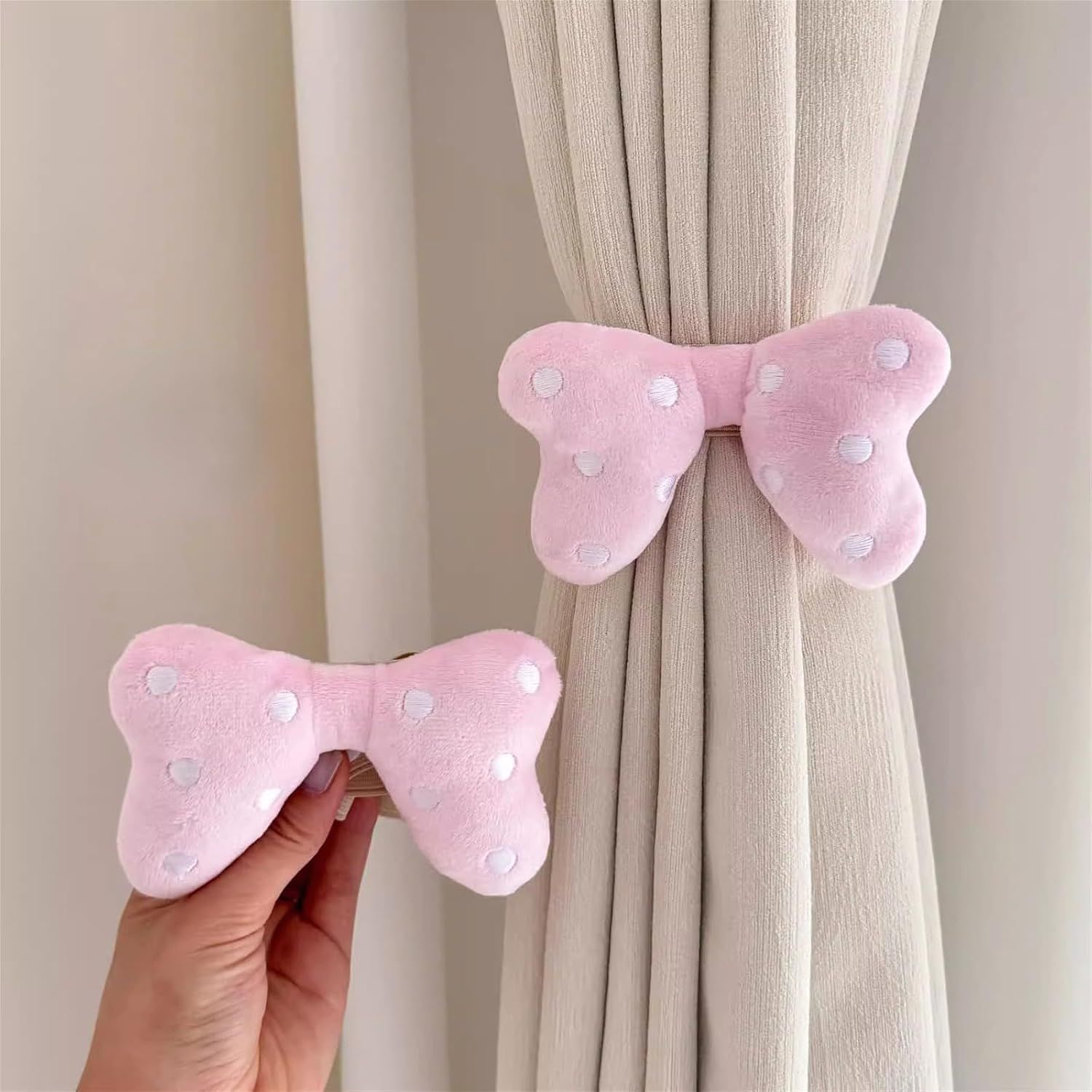 2 Pack Curtain Tiebacks with Pink Plush Bow and White Polka Dot, Snap Button Closure Curtains Holdbacks for Window Decor (Pink)