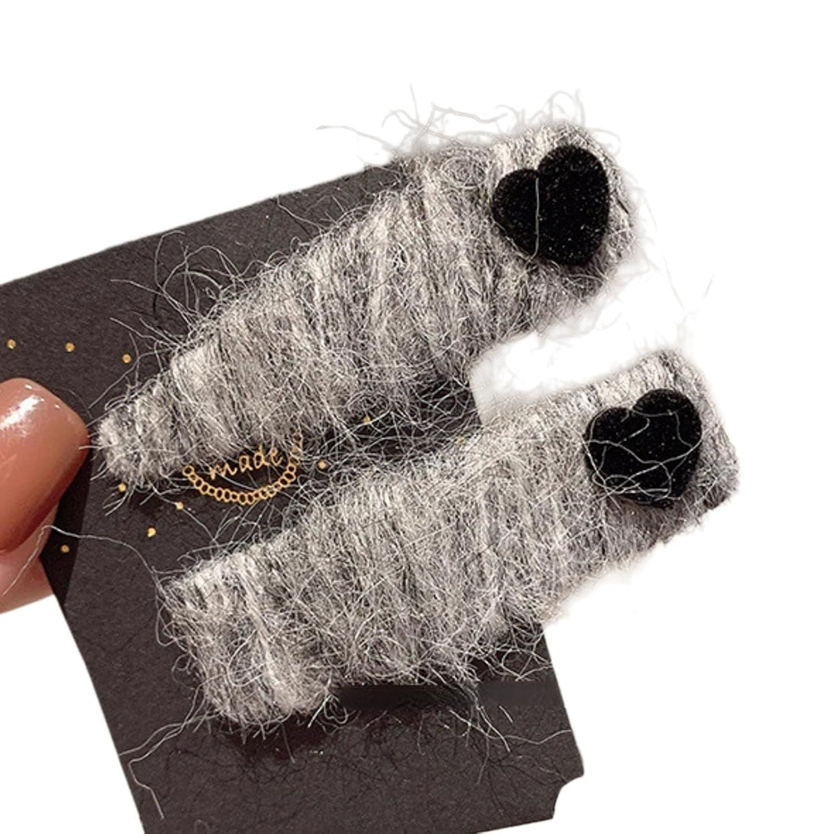 2 Pack Fuzzy Stripy Hair Clips with Velvet Heart for Women Winter, Classy Gray/Red Barrettes Korean Style Hair Pins (Grey)
