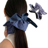Large Blue Plaid Denim Bow Scrunchie for Women Girls, Hair Scarf Hair Band Hair Tie Elegant Headband Accessory (Blue)
