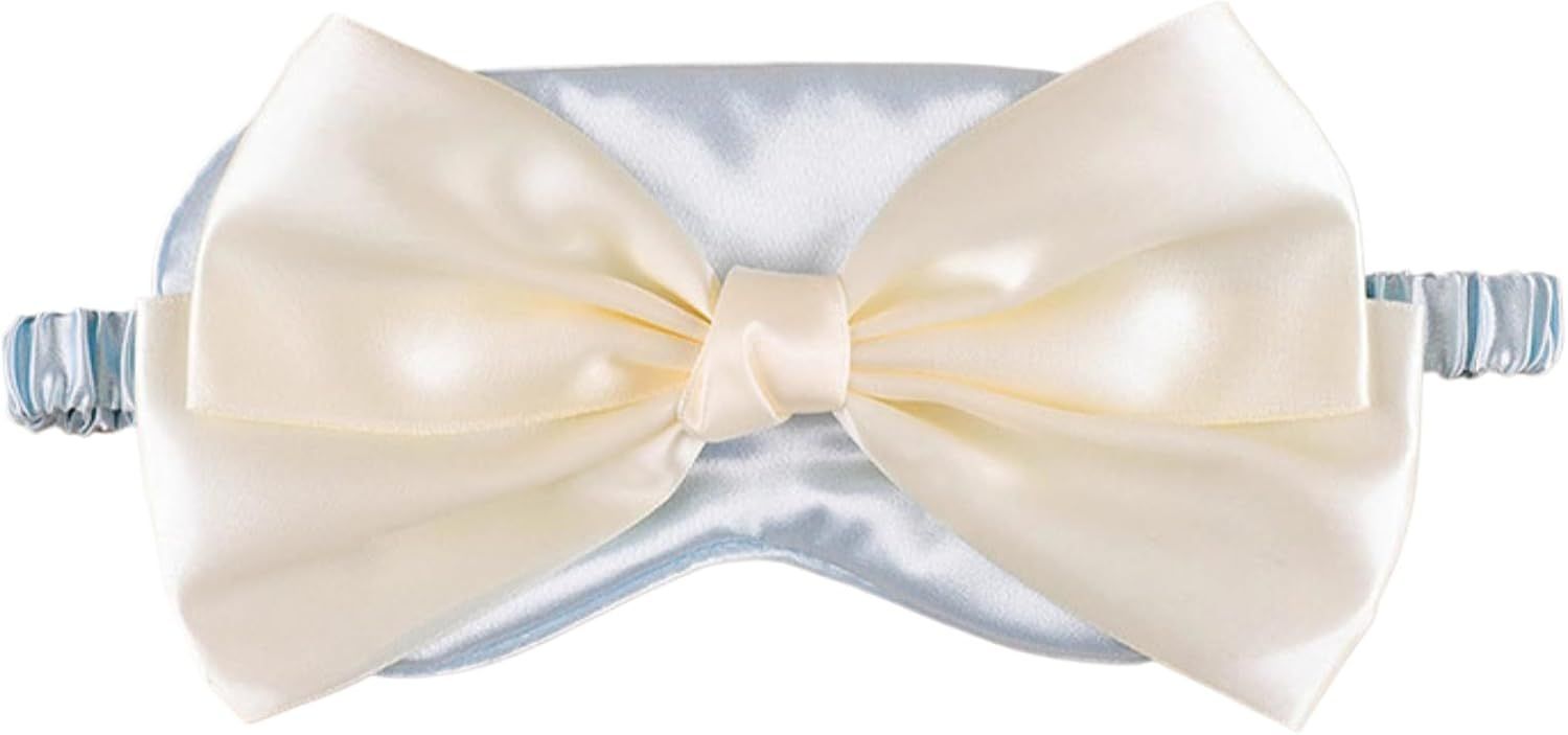 Cute Bow Satin Eye Mask for Women Girls, Breathable Cooling Nap Sleep Cover for Summer Dorm Essentials (Blue)