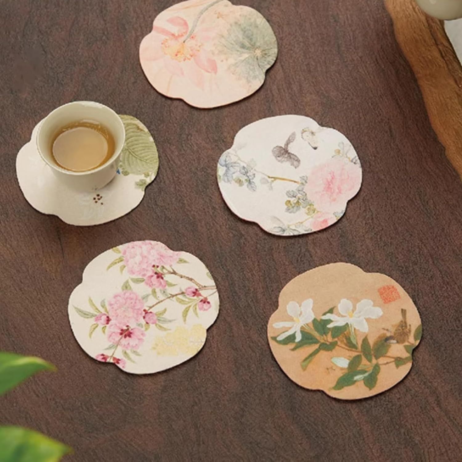 Floral Tea Cup Coasters Set of 5, Double-Sided Absorbent Pads for Heat Insulation, Teaware Accessories (Floral,3.7 inches)