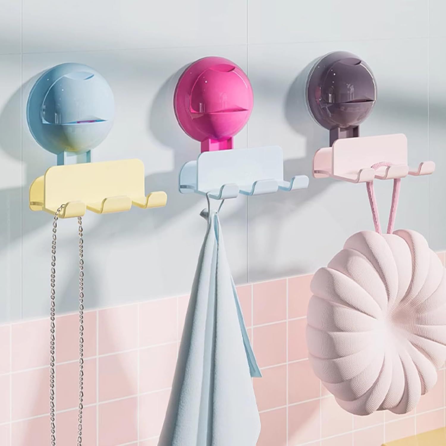 3 Pack Reusable No-Drill No-Trace Vacuum Suction Hooks, Wall-Mounted Toothbrush Holder, Storage Rack for Bathroom (Blue Pink Purple)